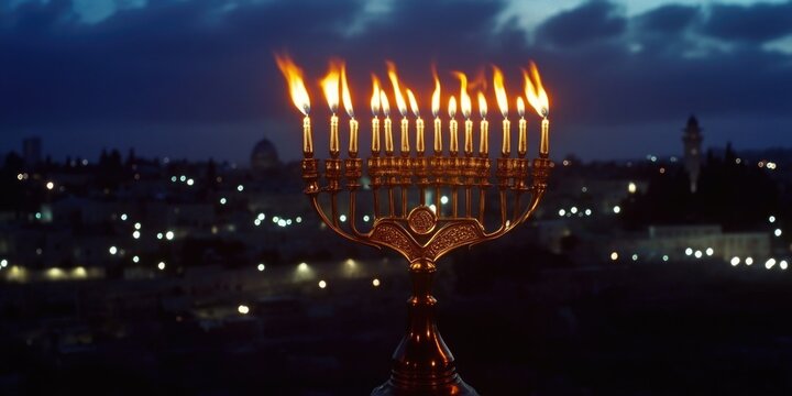 Ancient Jewish tradition with lit candles on a menorah.