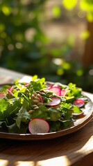 Fresh green salad with herbs, radishes and pumpkin seeds served on a wooden table lit with vibrant morning light with blurred green background.