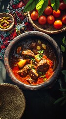 Flat lay with Nigerian beef stew in a traditional clay pot served on a patterned ethnic cloth.