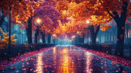 Autumnal street, rain, leaves, city, lights, romantic, fall, nature, background, wallpaper