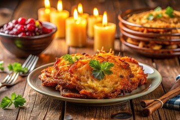Fototapeta premium Crispy Latkes with Applesauce for Hanukkah
