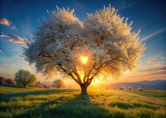 A fantastical landscape: glowing heart tree, peaceful countryside bathed in white flowers.