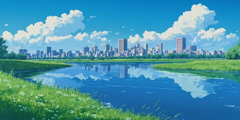 City skyline oasis illustration