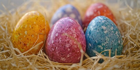 A bunch of brightly colored dyed Easter eggs in a woven basket on a table