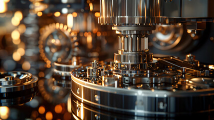 The machinery of a chemical plant in motion, with soft ambient light casting a peaceful glow on the polished metal surfaces, evoking a powerful yet calm atmosphere. 