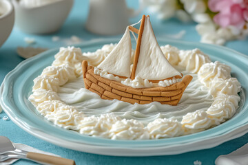 A dessert plate displaying a sailboat scene with a cookie boat and whipped cream waves