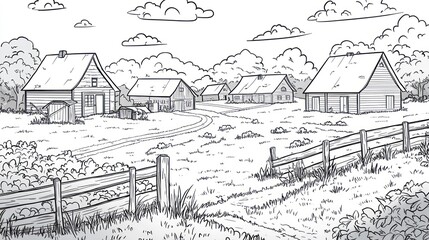 Fototapeta premium Rural village scene, winding road, farmhouses, idyllic countryside, book illustration