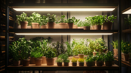 Indoor Herb Garden with LED Grow Lights on Shelves