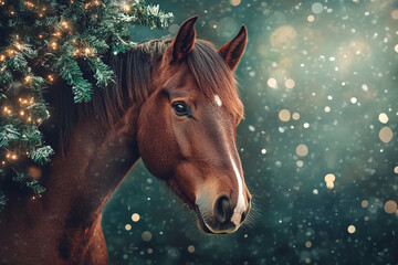 Christmas horse with Christmas vibe and mood, Happy New Year, Merry Christmas, Symbol of the year 2026, Christmas animal, Christmas greeting, holiday atmosphere, red fire horse, happy holidays