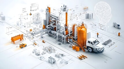 Detailed 3D schematic of an advanced plastic manufacturing facility layout featuring futuristic industrial machinery automation systems and for efficient sustainable