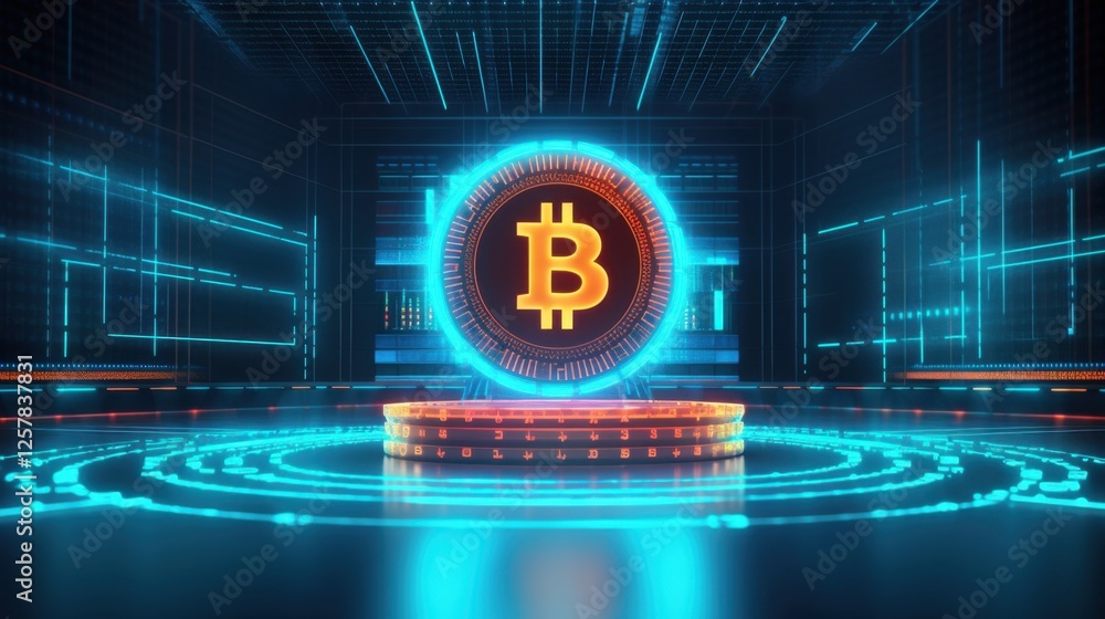 Aufkleber futuristic bitcoin digital currency symbol displayed on a holographic platform with neon lights and 