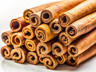 Aromatic Ceylon cinnamon sticks, vividly captured in a high-resolution close-up against a pristine white backdrop.