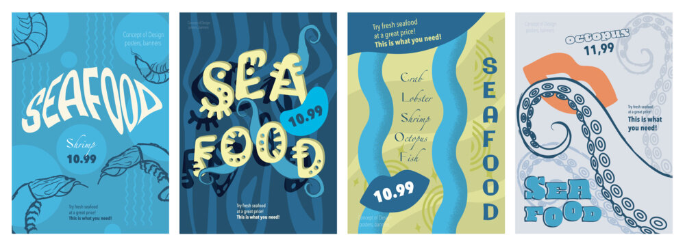 Seafood cover typography template for advertising design. Food posters and greeting cards with octopus, crabs, fishes, shrimps, mollusc and others for restaurant or shop menu. Vector illustration.