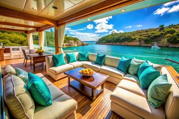 Fototapeta premium A secluded bay's turquoise depths showcase a luxury yacht, sharply focused in tranquil ocean splendor.