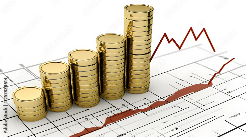 Poster A graphical representation showing a stack of coins increasing in height alongside a rising trend line, symbolizing financial growth and investment