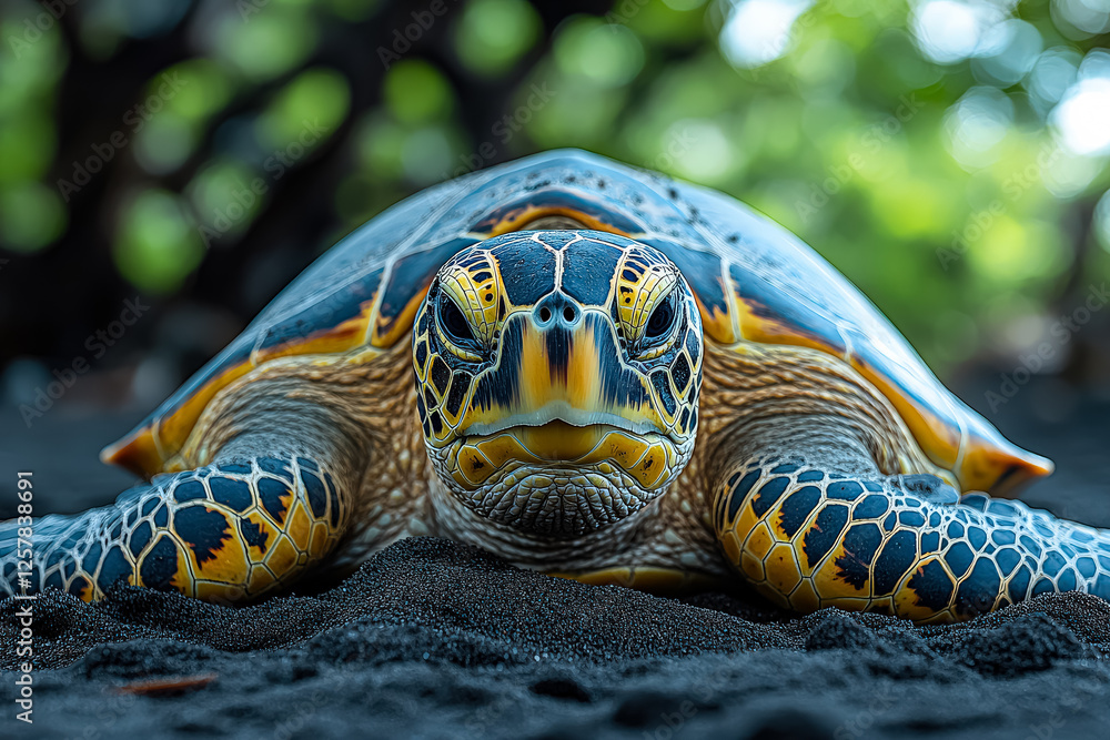 Poster turtle is laying on the ground in a black and brown environment. the turtle is looking at the camera