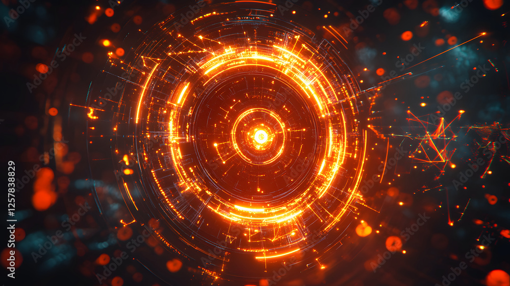Poster a vibrant, circular design featuring glowing orange elements on a dark background, creating a futuri