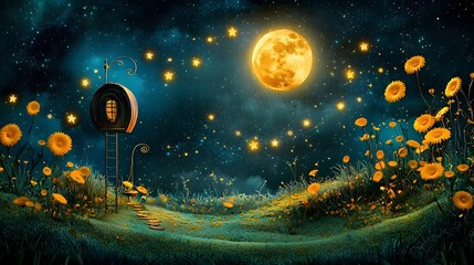 Enchanting celestial themed wedding backdrop featuring a midnight blue sky filled with twinkling golden stars and a luminous full moon