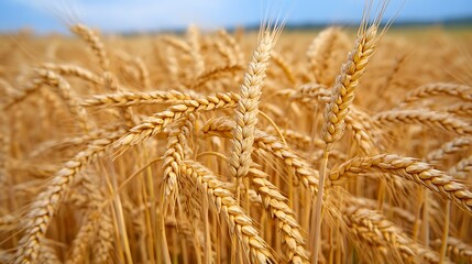 Fototapeta premium A golden wheat field under the blue sky close up shot, Golden Wheat Field Under Blue Sky,