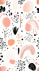 Abstract pattern with black dots and pink shapes on white background