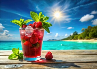 A vibrant raspberry cocktail, sun-drenched and refreshing, garnished with mint, evokes summer's ocean breeze.