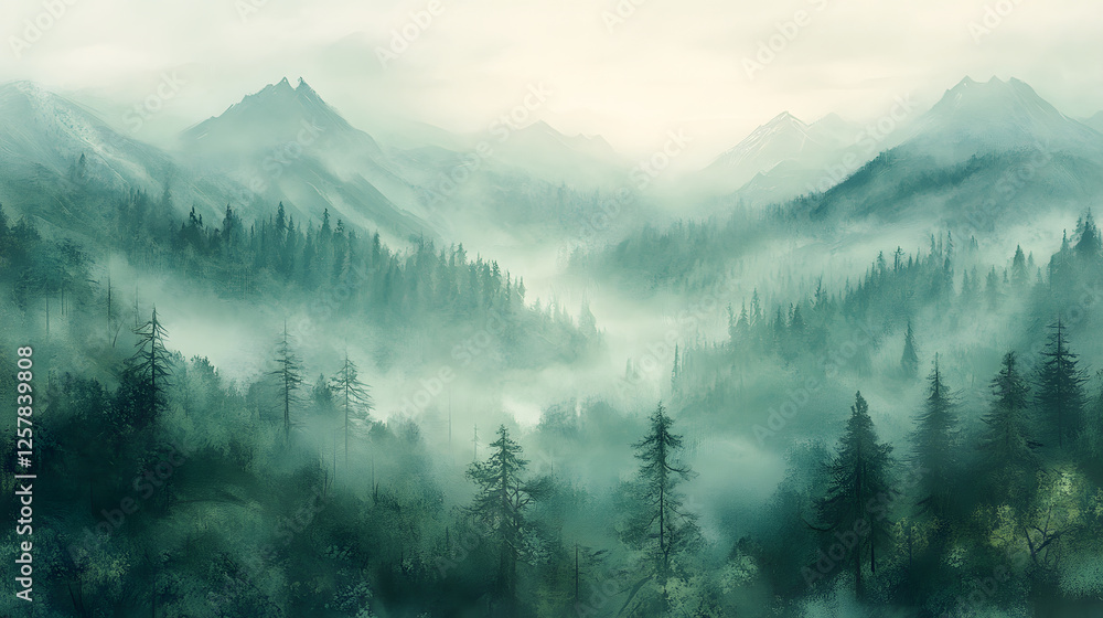 Poster a serene landscape featuring misty mountains and dense forests, creating a tranquil and enchanting a