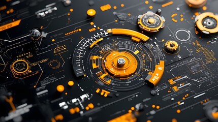 Obraz premium Dark modern sci fi technology background with floating heads up display HUD interface elements digital circuit patterns and high tech inspired design