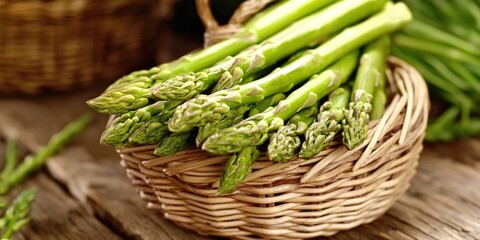 Pile of fresh green asparagus spears in a woven basket. High-resolution image for food blogs, cookbooks or recipe websites.
