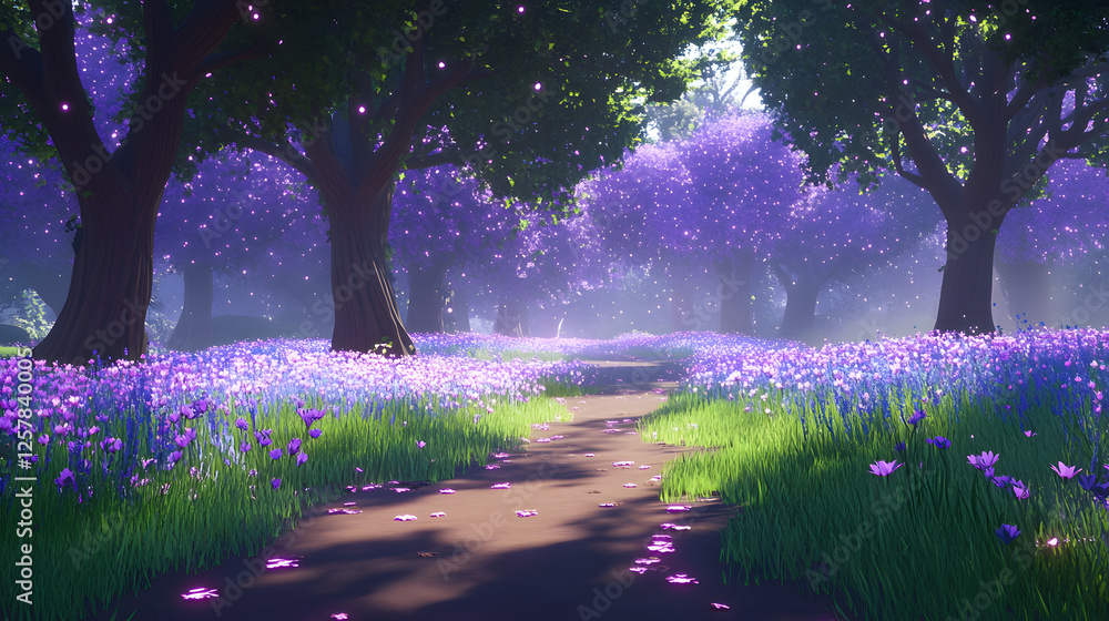 Poster a serene path lined with vibrant purple flowers and lush trees, creating a peaceful and enchanting a
