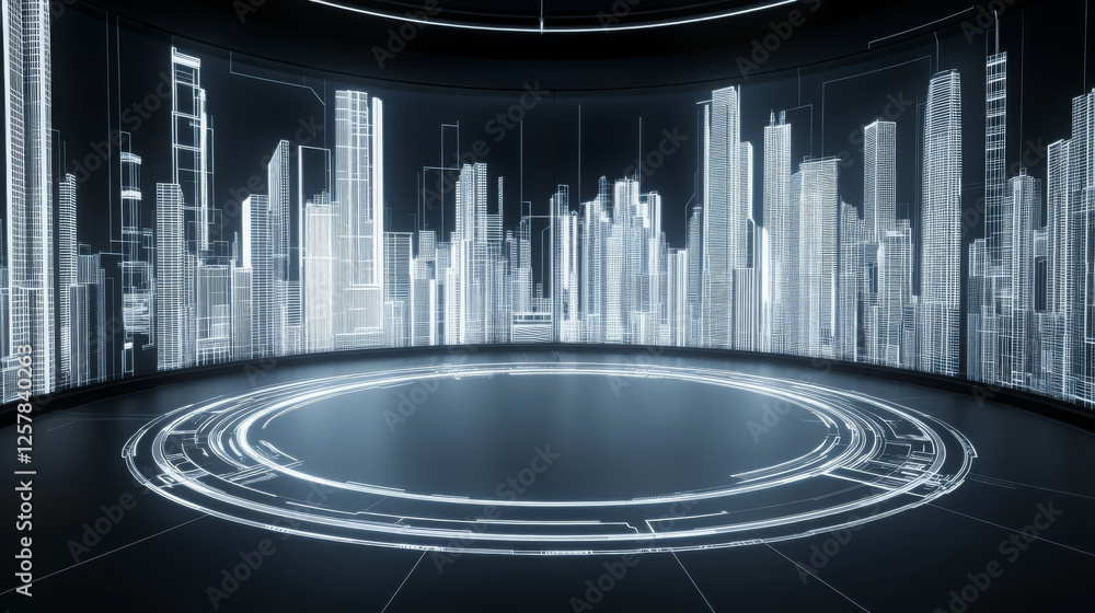Poster futuristic circular space with black walls and glowing city skyline. sleek design features high tech