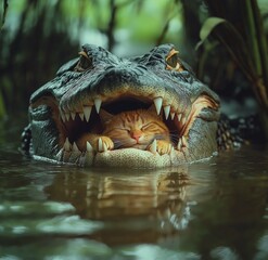 Fototapeta premium cat sleeping inside the mouth of an alligator