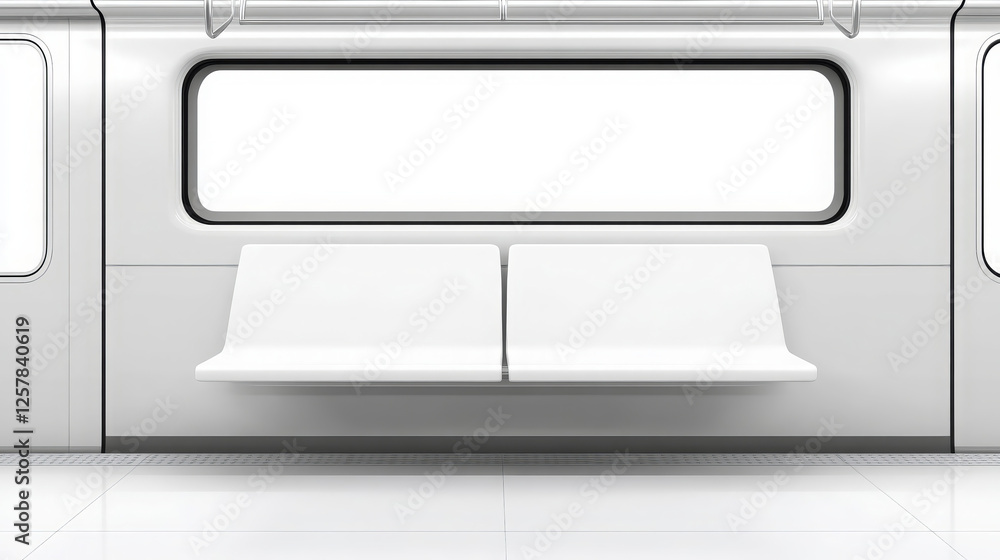 Poster minimalist subway interior featuring empty white seats and large windows. clean design emphasizes si