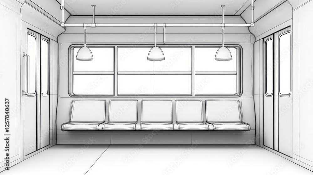 Poster minimalist black and white illustration of subway train interior featuring empty seats and large win