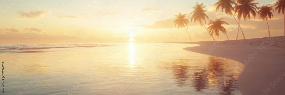 Leinwandbilder sunset over a tranquil beach with palm trees reflecting on calm waters. generative ai