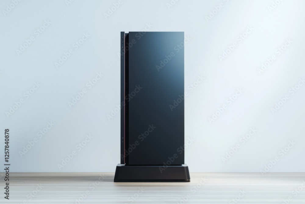 Poster a modern black computer case with a minimalist design, standing vertically, suitable for a high-perf