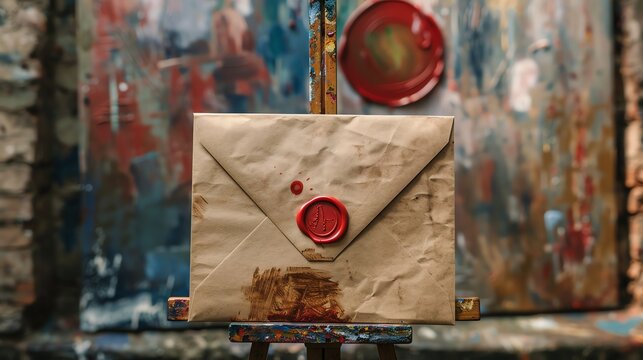 A sealed envelope with a red wax seal rests on an easel in an art studio.