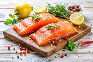 Fresh Raw Salmon Steaks on Wooden Board