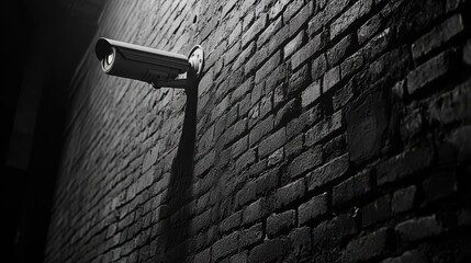 Black and white image of a security camera on a brick wall, with space for copy on the left side. -
