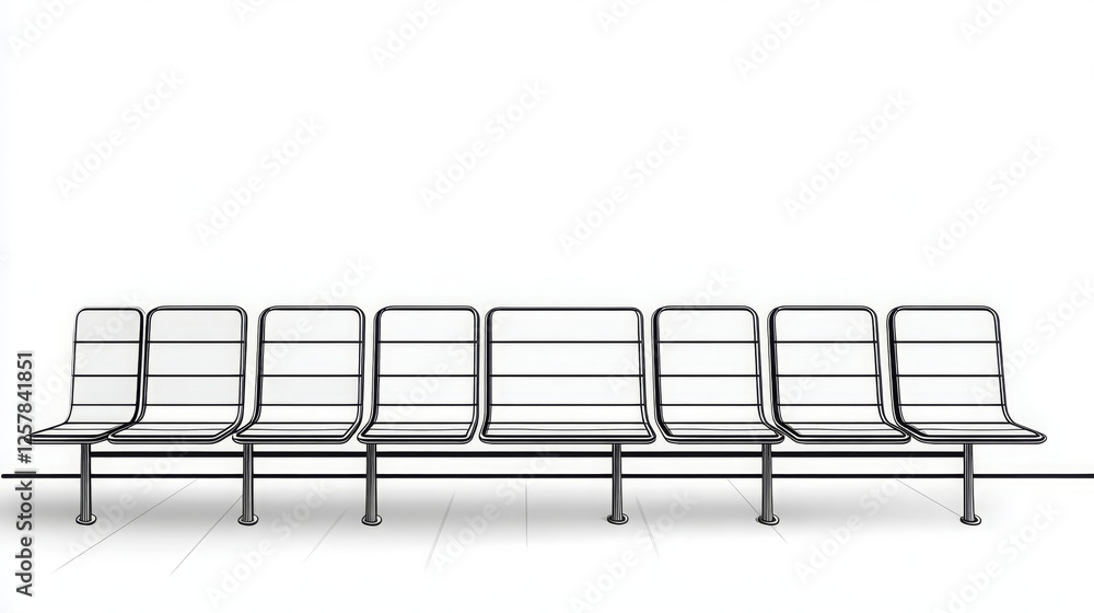 Poster minimalist design of row of metal waiting chairs in public space, showcasing simplicity and function