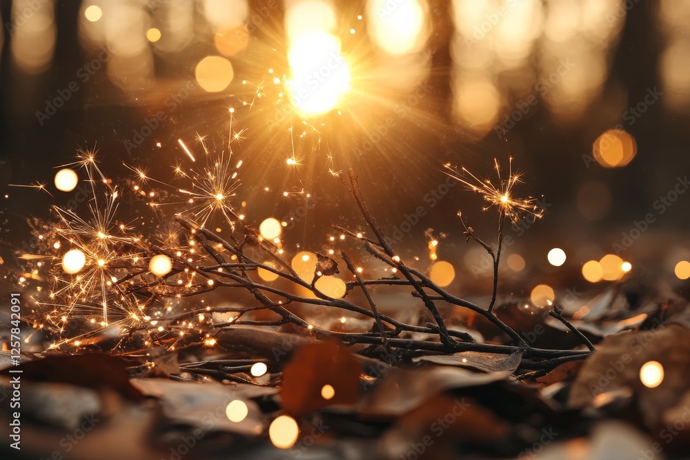 Poster golden sunlight filters through the trees illuminating sparkling twigs on the forest floor during au