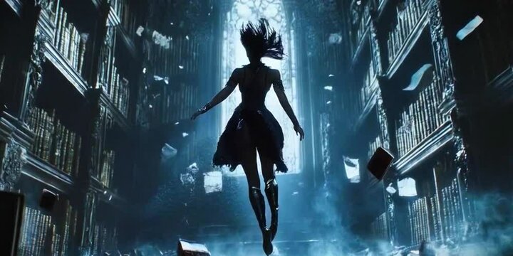 Silhouette of a magical woman floating alongside books and pages in the library Generative AI