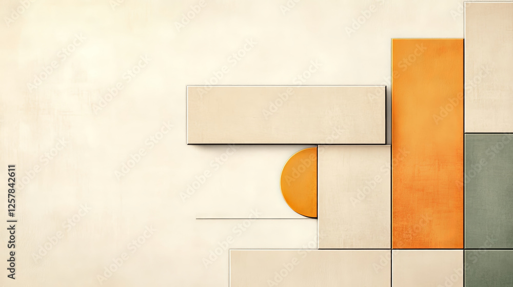 Poster abstract artwork featuring overlapping geometric shapes in neutral tones and vibrant colors, creatin
