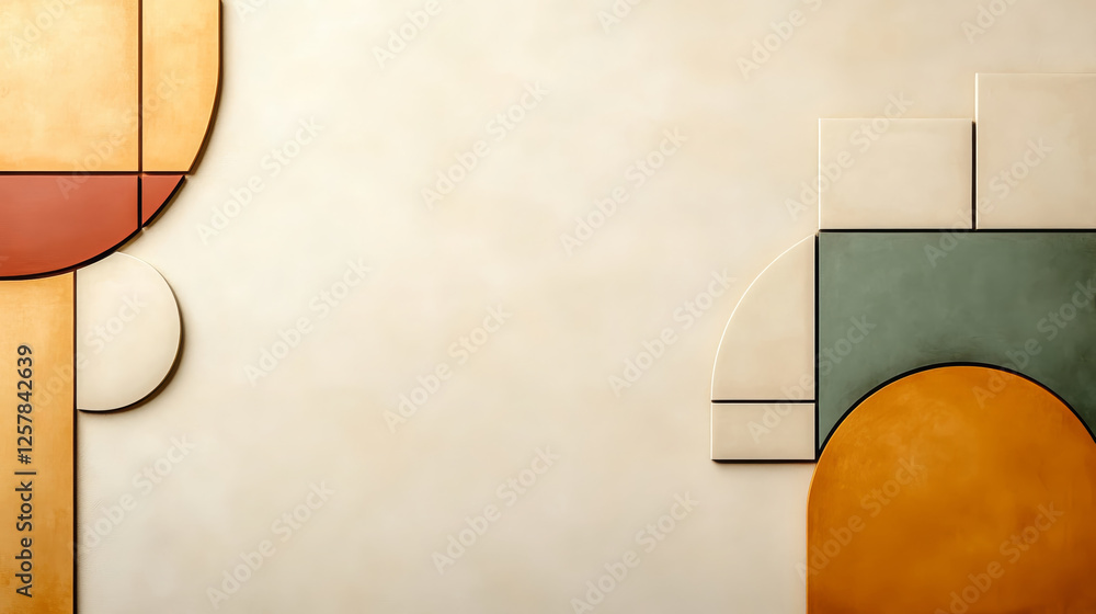 Poster abstract artwork featuring overlapping geometric shapes in warm colors. composition includes circles