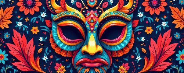 Abstract tribal mask, geometric & floral patterns, nature, style