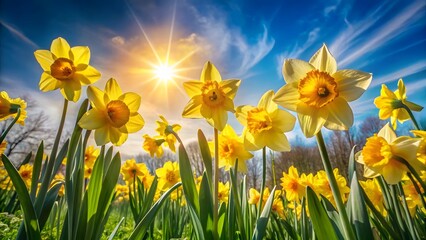 Bright Yellow Daffodils in Sunny Field