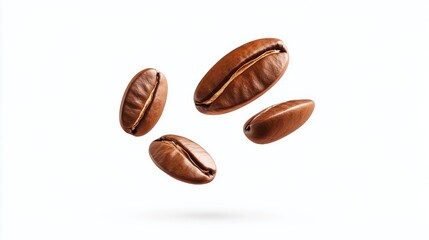 Flying or falling roasted brown caffeine coffee beans in the air isolated on a transparent (PNG) or white background. Arabian or aroma beans for hot drinks for cafe advertising, package design.