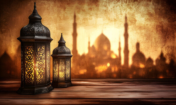 Eid Mubarak and Ramadan Kareem greetings accompanied by an Islamic lantern and mosque in the Eid al-Fitr themed background. 