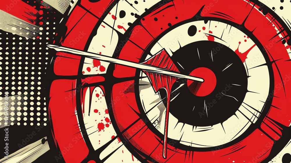Poster an arrow hits the bullseye of a target, creating a splat of red and a radial explosion effect.