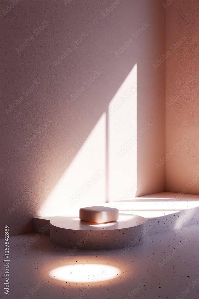 Poster 3d rendering of a minimalist room with geometric shapes and light streaming in from the window.
