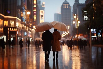 Obraz premium Couple walks under umbrellas on a rainy evening in a bustling city street illuminated by lights